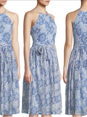 Blue Floral Lace Halter Midi Dress